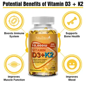 Cápsulas de vitamina D3 K2 personalizadas de fábrica, 60 unidades, ingredientes naturais, suporte imunológico, cápsulas de citrato de cálcio