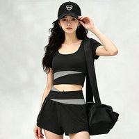 Ensemble de yoga taille haute pour femme, avec haut à manches courtes et coussinets de poitrine, coutures contrastées, anti-transparence, pour la course et le fitness, deux pièces, taille XL