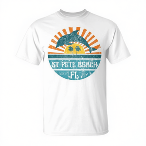 T-shirt vintage avec motif de dauphin et de coucher de soleil, représentant une scène de plage de Saint-Pétersbourg, en Floride, pour adultes, unisexe, manches courtes, col rond, en coton - Product Image 2
