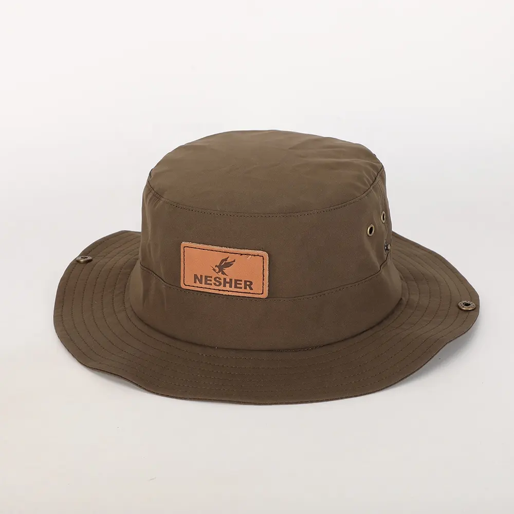 하이 퀄리티 넓은 챙 남성 여성 태양 모자 가죽 패치 로고 뒤집을 어부 Gorras 도매 사용자 정의 폴리에스터 버킷 모자