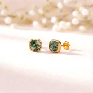 Premium Moss Agate Cushion Cut Faceted <b>Stud</b> <b>Earrings</b> Natural Green Gemstone Jewelry In 925 Sterling <b>Silver</b> Or 18K Gold Filled - Product Image 2