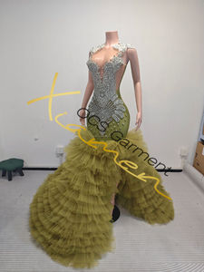 ชุดแต่งงานทรงเมอร์เมดสีเขียว ผ้าทูลล์หลายชั้น ระบายอากาศได้ดี ปักลายสีเงินหรูหรา สำหรับผู้หญิงผิวสีดำ - Product Image 5