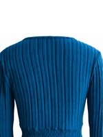Nouvelle robe en tricot côtelé bleu pour femme, col rond, manches longues, taille haute smockée, coupe trapèze, longueur genou, pour l'automne