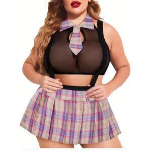Ensemble de lingerie sexy en maille à manches courtes, taille plus, jupe à bretelles à carreaux d'écolière - Tenue de jeu de rôle pour femmes adultes, vente en gros - Product Image 3