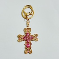 Porte-clés vintage en filigrane doré avec croix, pendentif de sac en strass brillant, souvenir religieux, cadeau pour femme