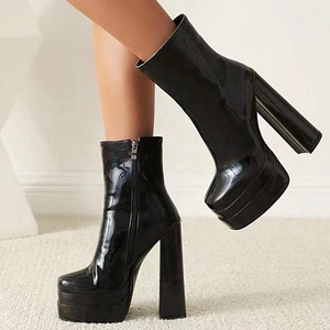 Big Square Toe Shoes Patent Leather Ankle <b>Boots</b> High Chunky Heel Side Zip Women <b>Boots</b> Thick Platform Size 46 - Product Image 4