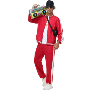 Ensemble de survêtement hip-hop pour femmes des années 80, veste à fermeture éclair et pantalon rouge à blocs de couleur, tenue rétro rayée - Product Image 2