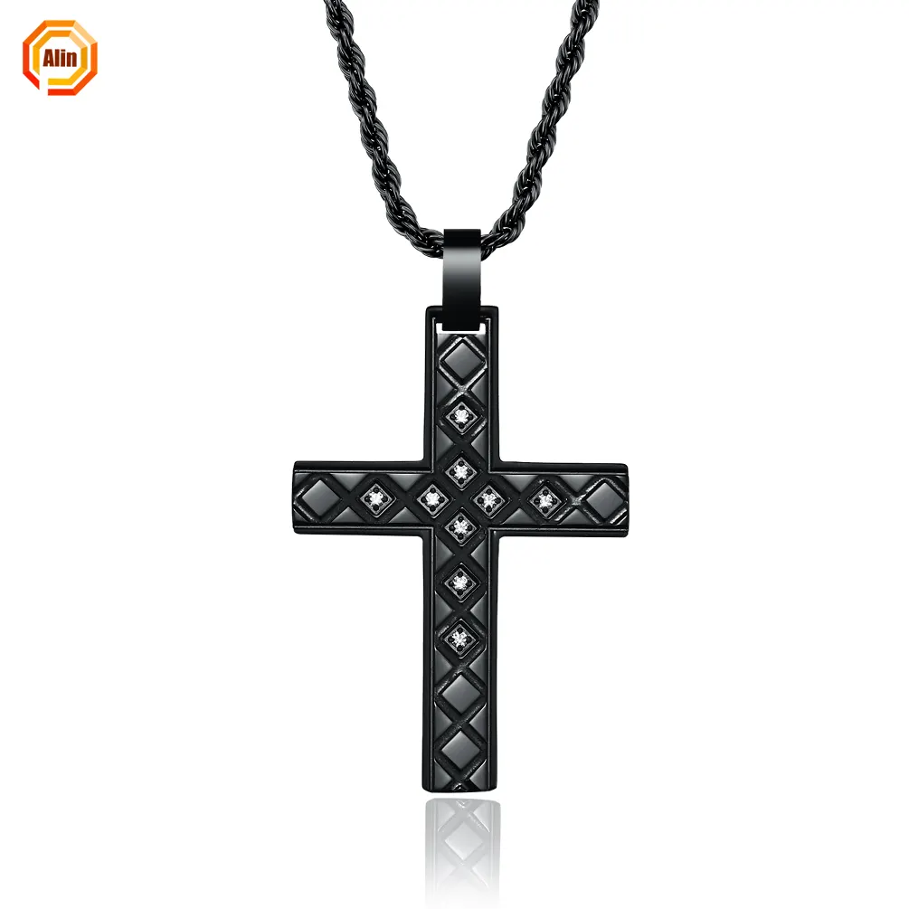 2021 latest stainless steel 316L luxurious inlay diamonds elegant cross necklace black plating necklace for men