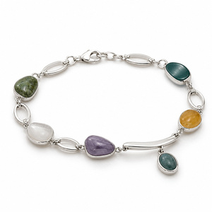 Bracelet en argent sterling 925 avec pierres précieuses naturelles multicolores, bracelet chaîne bohème avec pierres ovales serties, bijoux délicats pour femmes - Product Image 1