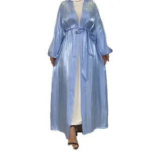 Nouveau design, robe cardigan en soie brillante à lacets, robe abaya turque musulmane de Dubaï de couleur unie, vêtements islamiques pour femmes