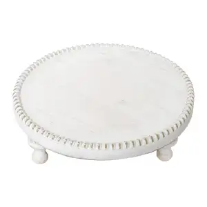 Rustic Round Wood Tray Riser Farmhouse Pedestal Stand with Beaded Edge