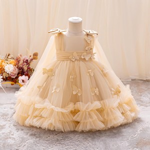 Abito da damigella in <span class=keywords><strong>tulle</strong></span> con farfalle, <span class=keywords><strong>vestito</strong></span> da cerimonia gonfio con volant per bambine, abiti eleganti da festa per bambini - Product Image 4