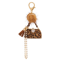 Porte-clés en alliage de luxe léger avec pompon en cristal et mini sac à main imprimé léopard en relief 3D, chaîne de sac diamantée - Grande Vente