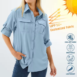 Damen Langarm-Anglerhemd mit Knöpfen, Spandex/Baumwolle, UPF 50, Safari-Outdoor, schnelltrocknend, UV-Sonnenschutz, Digitaldruck, Blau - Product Image 2