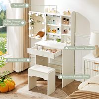 Table de maquillage moderne et écologique en MDF avec miroir coulissant, tabouret, 7 étagères, tiroirs et 3 modes d'éclairage