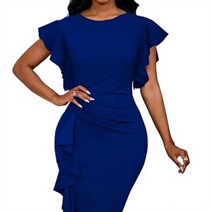 Vestido ajustado azul real con volantes en las mangas para mujer, largo hasta la rodilla, cuello redondo, elegante, estilo fiesta, color sólido, informal - Product Image 6