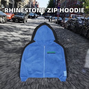 Mens <b>Cropped</b> <b>Zip</b> <b>Up</b> Cotton Fleece Hoodie with Rhinestone Crystal Design Oversized High Street Style - Product Image 2