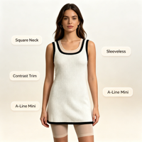 Robe pull sans manches mi-longue en maille blanche et à bordure contrastante pour femme, qualité supérieure, fabrication OEM & ODM Kendall, vente en gros
