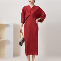 Gaun Maxi Kaftan Afrika Berkualitas Tinggi Ukuran Besar untuk Wanita, Model Lengan Kelelawar Miyake, Lipit Kerut, Bahan Bernapas Ramah Lingkungan