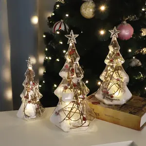 Figurina decorativa con alberi di natale in vetro illuminato illuminato a led in miniatura trasparente a batteria con bacche e rami