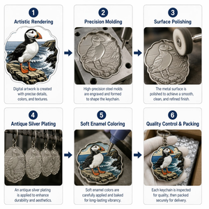 Porte-clés en émail dur Puffin, série Oiseaux marins atlantiques, porte-clés en métal, breloque de sac en <span class=keywords><strong>argent</strong></span> antique, cadeau souvenir pour les amoureux des oiseaux - Product Image 4