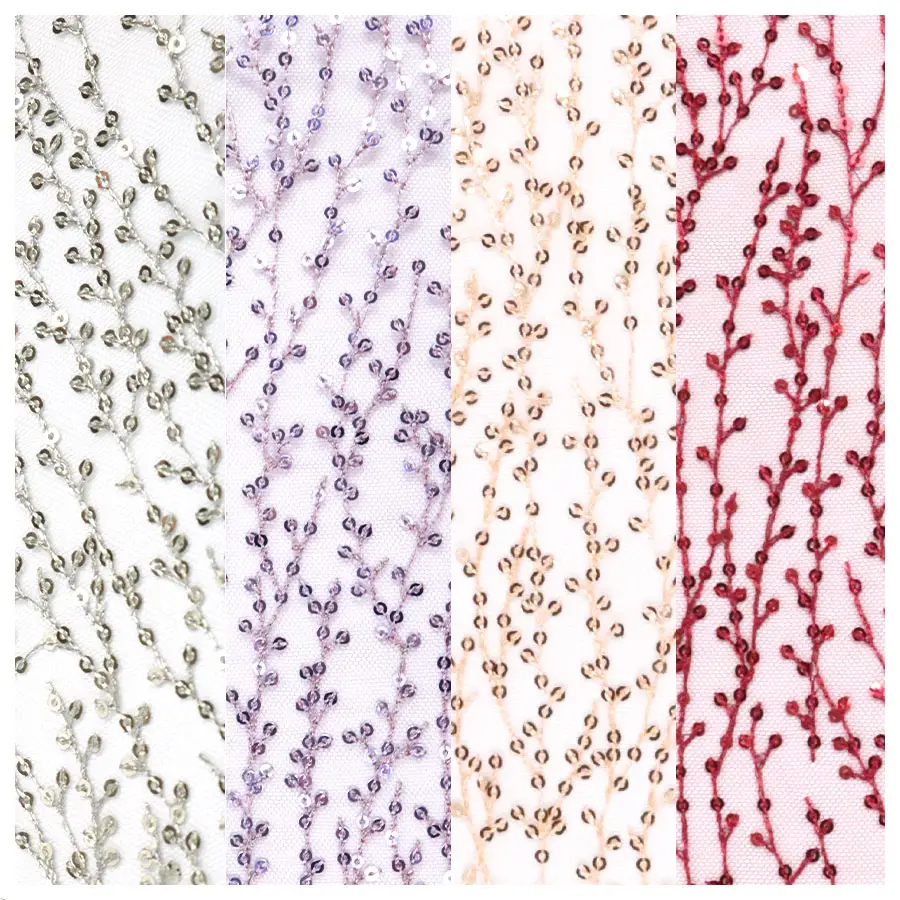 Bridal Luxury Mesh Base Flower Wedding 3mm Sequin Embroidery Fabric For Evening Dress