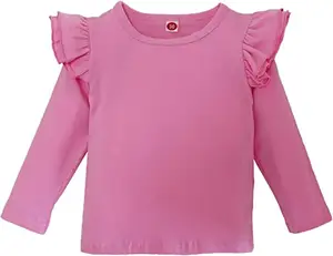 Balita Bayi Gadis Warna Solid T Shirt Anak-anak Blus Dasar Polos Ruffle Top Katun Kasual