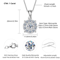 Argent pur 925 avec plaqué rhodium rond 4.5mm et 2.5mm 1.0carat D Moissanite pendentif collier pour femme
