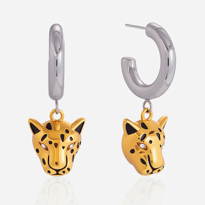 Stainless Steel Cheetah <b>Head</b> Drop Earrings Gold Black Leopard Animal Shape Fashion Jewelry For Women Autumn Winter <b>Style</b> - Product Image 1