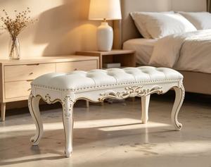 Luxury White Tufted Wood <b>Bed</b> Bench French Rococo Carved <b>End</b> of <b>Bed</b> Bench with Gold Trim Multi-Purpose Bedroom Furniture - Product Image 6