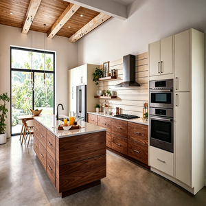 Meuble de cuisine haut de gamme sur mesure avec base en bois de noyer et accents noirs pour maisons modernes à plan ouvert - Product Image 6