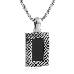 yunnique Collier pendentif en acier inoxydable avec pierre précieuse noire, forme géométrique, serti clos, bijoux de mode pour homme - Product Image 2