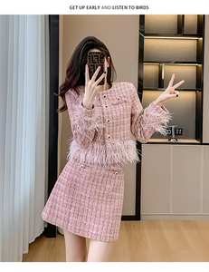 Two-Piece Suit Women'S Woven <strong>Tweed</strong> Feather Trim <strong>Jacket</strong> and High Waist Skirt Heavy Duty Ladies <strong>Cheap</strong> 2 Pcs Set - Product Image 3