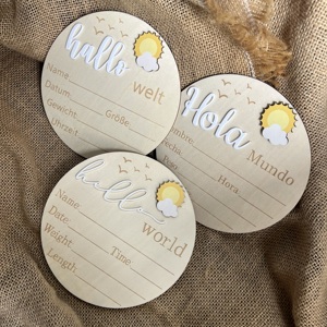 Panneau de bienvenue pour nouveau-né en langue personnalisée, marqueur d'annonce de naissance d'hôpital en bois sculpté à la main, sculpture ronde pour bébé - Product Image 5