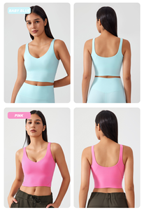 Camisetas sin mangas cortas de Fitness con cuello en V para mujer de estilo clásico con almohadillas Sujetador activo deportivo de secado rápido Entrenamiento Correr Sujetador recortado Tops - Product Image 2