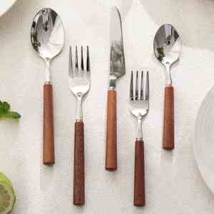 Stainless Steel Wood Handle Tableware Western Restaurant Spoon Steak Knife Round Handle Dinner Fork Cutlery Set - Product Image 3