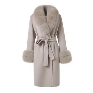 Customizable Long Woolen Coat Winter Genuine Cashmere Wool Coat Women With Detachable Fox Fur Collar Cuffs