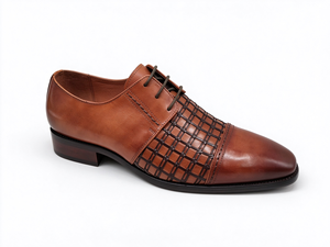 <b>Tan</b> Cap Toe Woven Leather Oxford <b>Shoes</b> for Men Lace Up Handcrafted Formal Business Wedding Dress Footwear Low Block Heel - Product Image 3