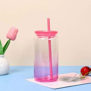 AGH 16oz Eco Jelly Clear Straight Glass Tumbler Striped Colored <b>Plastic</b> Lid and <b>Straw</b> Sublimation Mug - Product Image 4