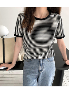 Maglietta donna coreana estate Vintage Patchwork a righe semplice Top sottile sottile Casual manica corta O collo Tee Shirt femminile - Product Image 3