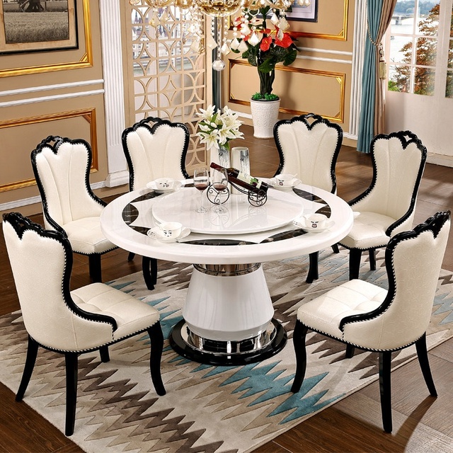 European-style Marble Dining Table Chair Set Black White Simple Modern Light Luxury Turntable Scratch-resistant Waterproof