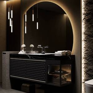Contemporary <b>Wall</b> Mounted Bathroom Vanity With LED Arc <b>Mirror</b> Ceramic Basin 60 In MDF Minimalist Design - Product Image 3