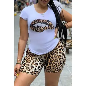plus size T shirts and shorts Outfits Colorful leopard Sexy Mouth prints for woman Tie Dye Set