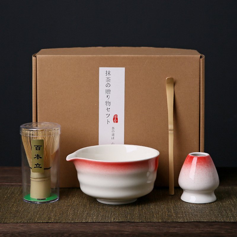 Bol à matcha rouge et blanc set 4 pièces (exian) + boîte