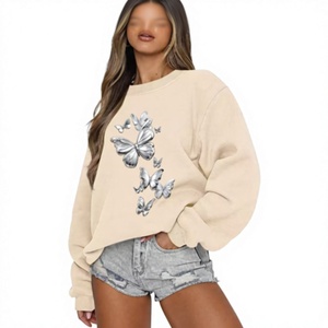 Sudadera Oversize de Cuello Redondo para Mujer de San Valentín con Estampado de Mariposa en Lámina Plateada, Hombros Caídos, Manga Larga, Tejido de Algodón Suave - Product Image 1