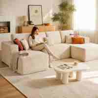 Canapé modulable en L de couleur crème, ensemble de canapés sectionnels doubles, large, en tissu, inclinable, en éponge, moderne, pour salon