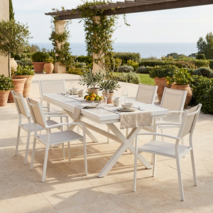 Set da Pranzo Moderno per Esterni con Telaio in Alluminio, 7 Pezzi, <span class=keywords><strong>Tavolo</strong></span> Espandibile e 6 <span class=keywords><strong>Sedie</strong></span> in Rete per Patio e Terrazza - Product Image 1
