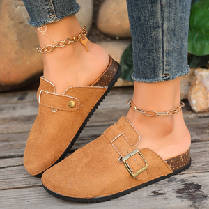 Mules en daim à bout fermé pour femme, avec bride à boucle, talon plat, sabots souples, chaussures décontractées, camel, noir, kaki - Product Image 3