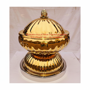Plato de frotamiento de latón antiguo con mango de loto para Hotel Buffet y Catering Calentador de alimentos de metal redondo con acabado dorado pulido - Product Image 1