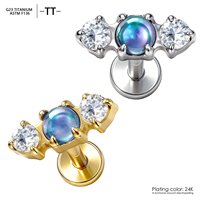 -TT- Titane ASTM F136 Or 16G à filetage interne, triple perles, zircon CZ, labret, hélix, conque, cartilage, tragus, dos plat